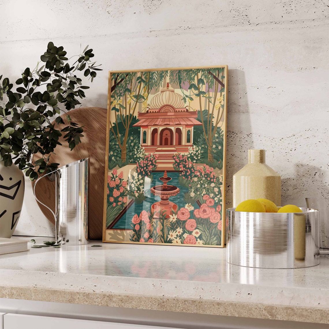 Indian Domed Pavilion Garden Fountain Rose Illustration Poster - Image 3