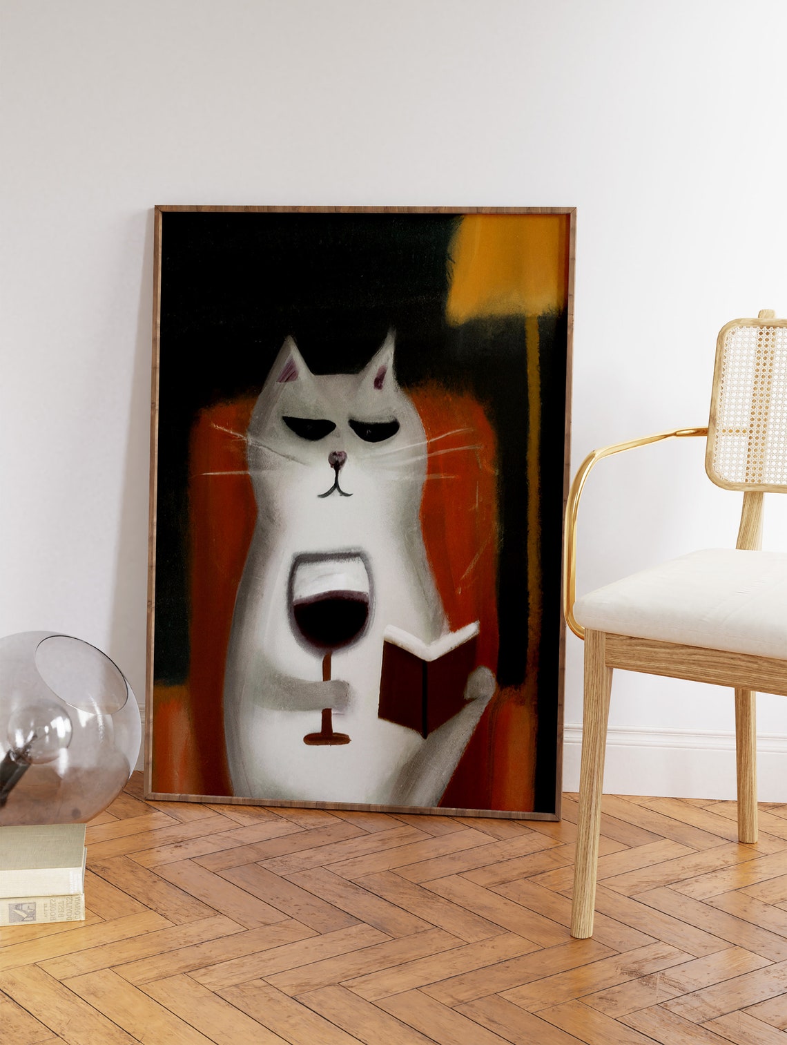 Funny White Cat with Cool Sunglasses Wine Glass and Book Poster - Image 3