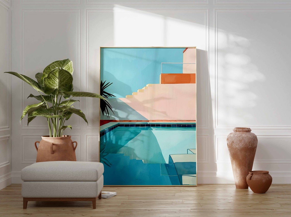 Minimalist Blue Swimming Pool with Steps Summer Modern Art Poster - Image 2