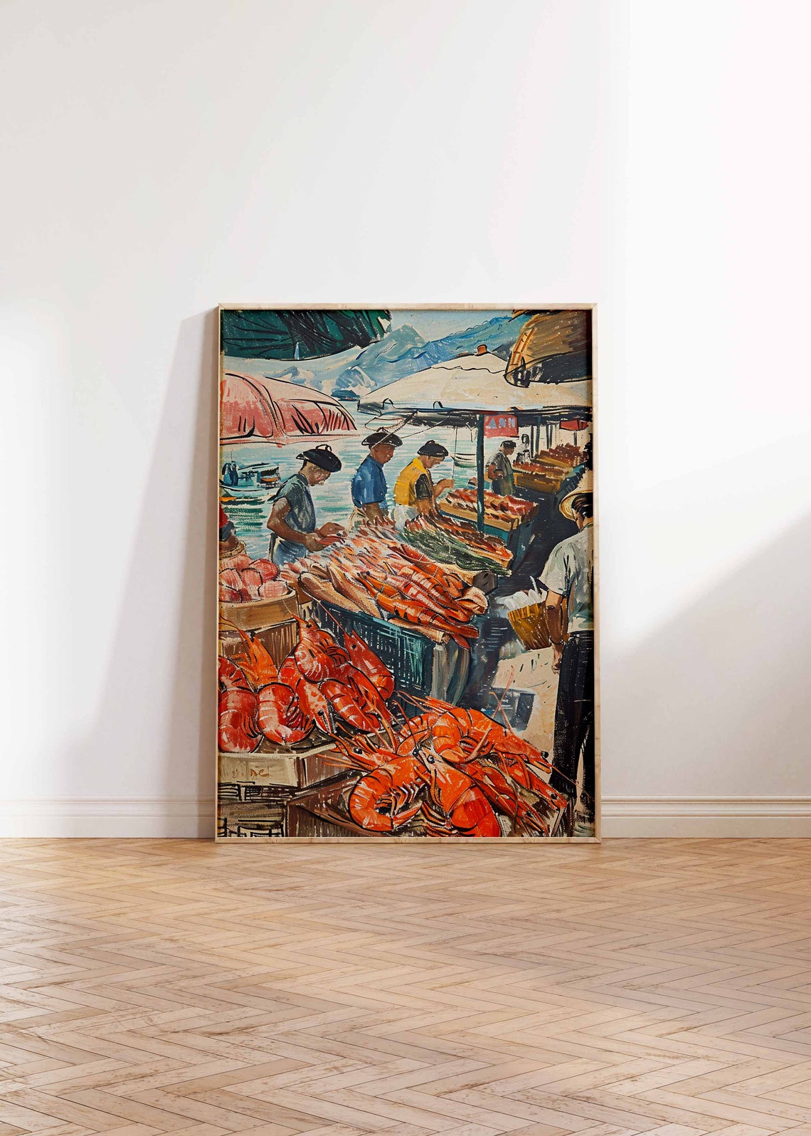 Waterfront Prawn Market Vendors Boats Harbor Painting Poster - Image 2