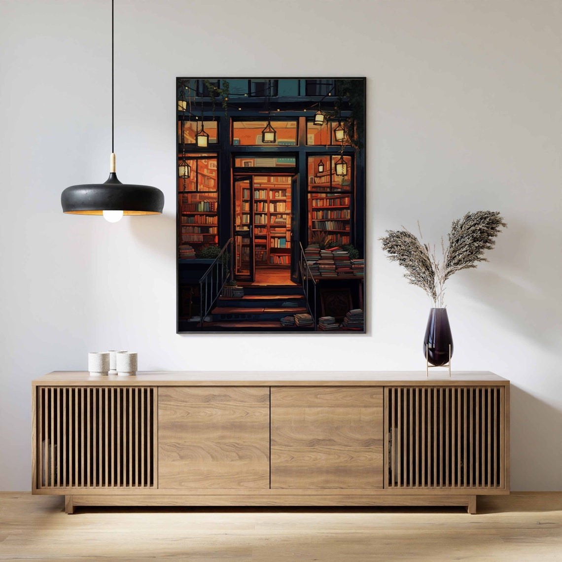 Cozy Night Bookstore Storefront Warm Lantern Light Book Shop Poster - Image 2