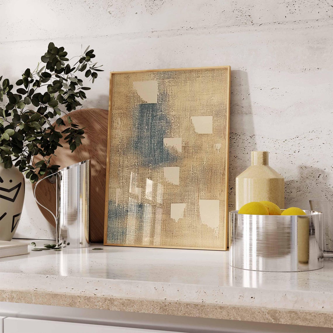 Beige Indigo Block Texture Vintage Japanese Abstract Art Poster - Image 3