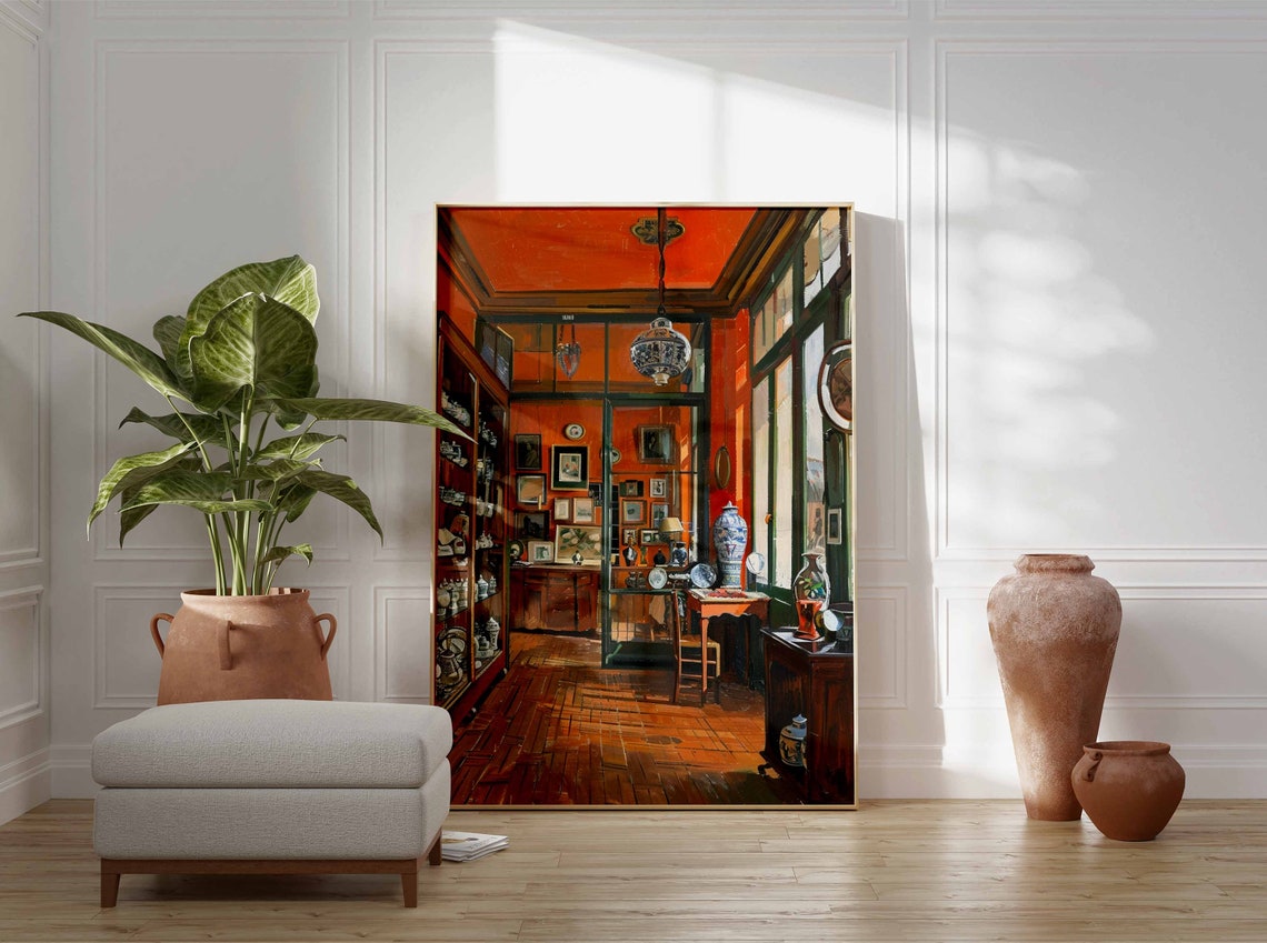 Orange Antique Shop Interior Porcelain Shelves Warm Sunlit Art Print - Image 3