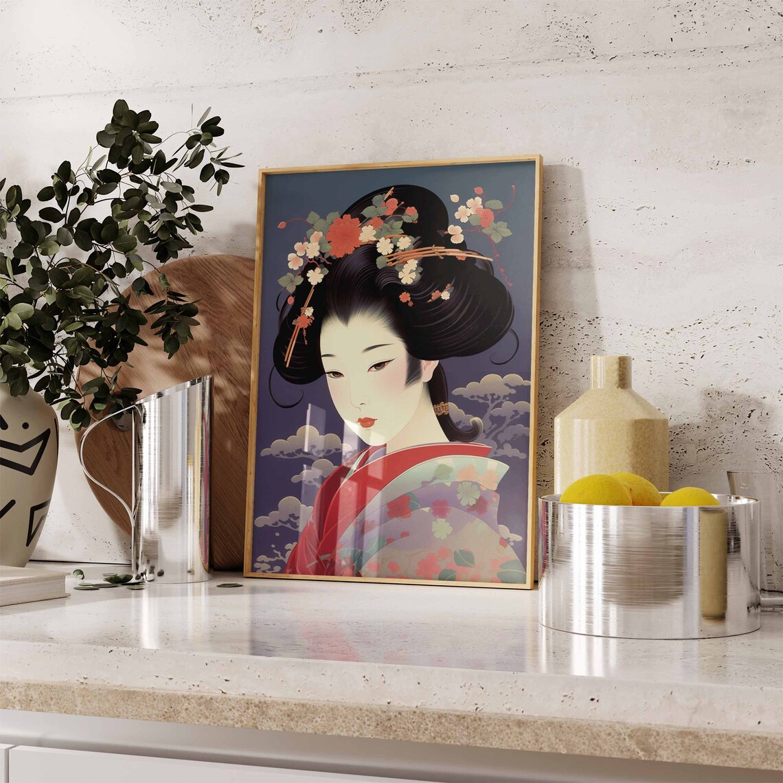 Japanese Geisha Style Portrait Floral Hair Ornament Art Poster - Image 3