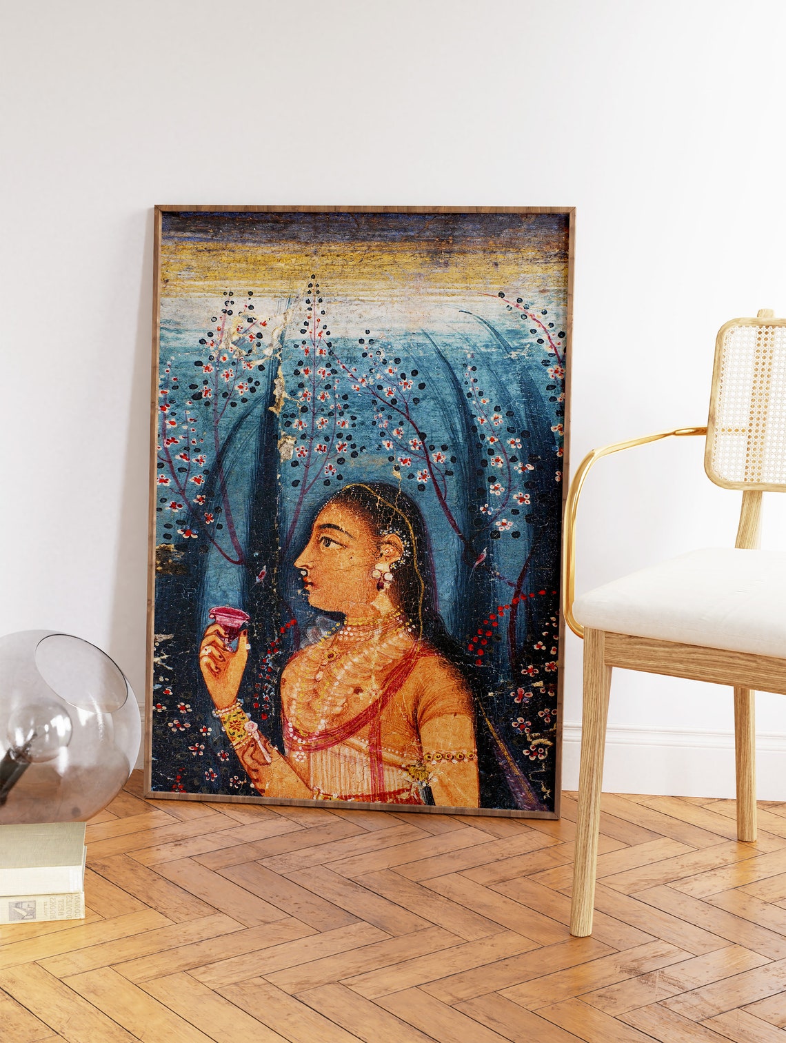 Indian Mughal Style Miniature Lady Portrait Floral Night Poster - Image 3