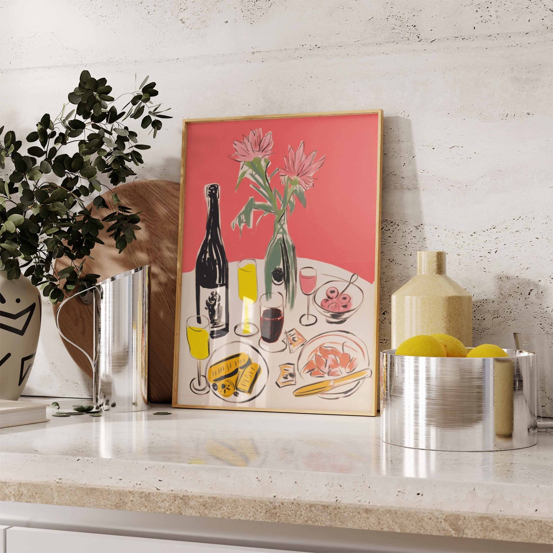 Dinner Party Festive Table Wine Champagne Flowers Modern Art Poster - Image 2