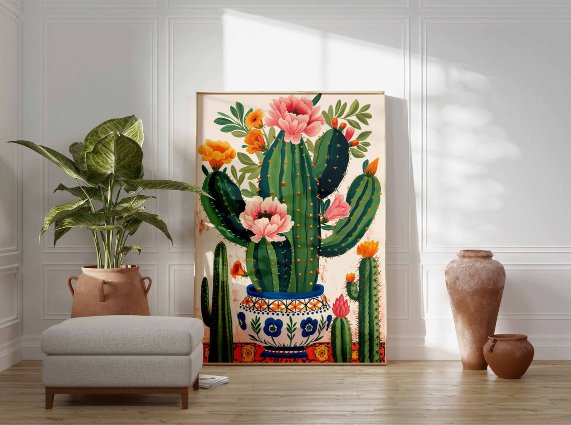 Flowering Cactus in Decorated Mexican Pot Botanical Art Poster - Image 3