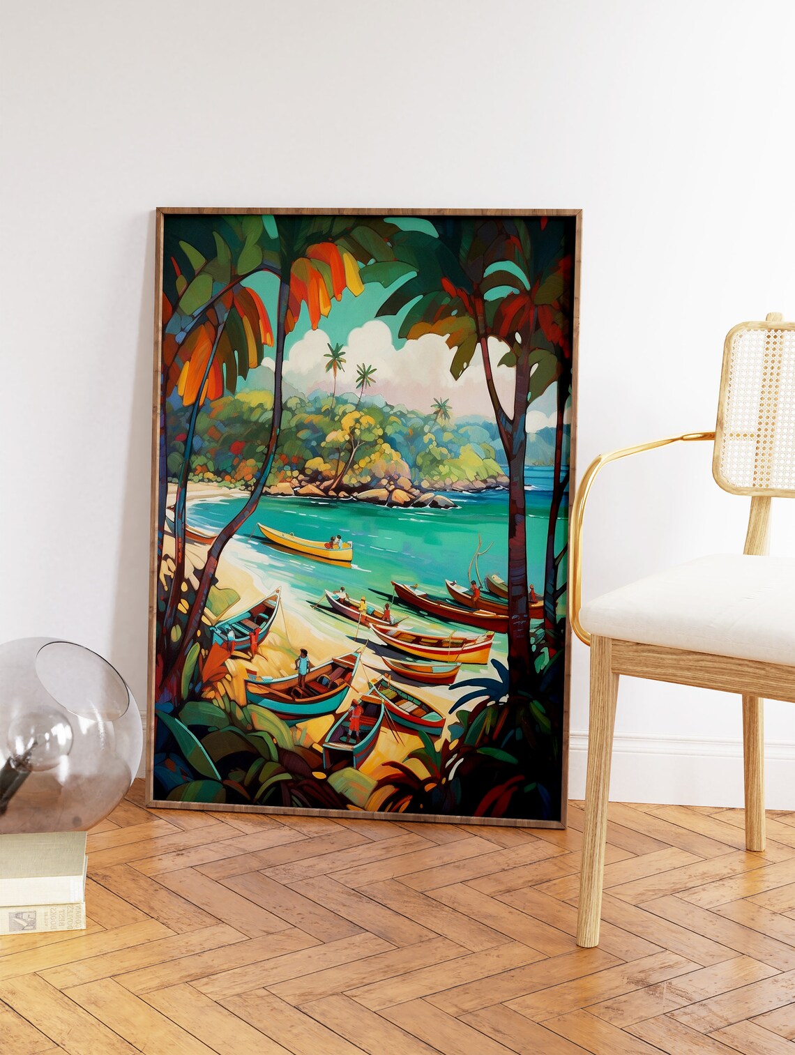 Caribbean Tropical Cove Colorful Fishing Boats Beach Painting Poster - Image 2