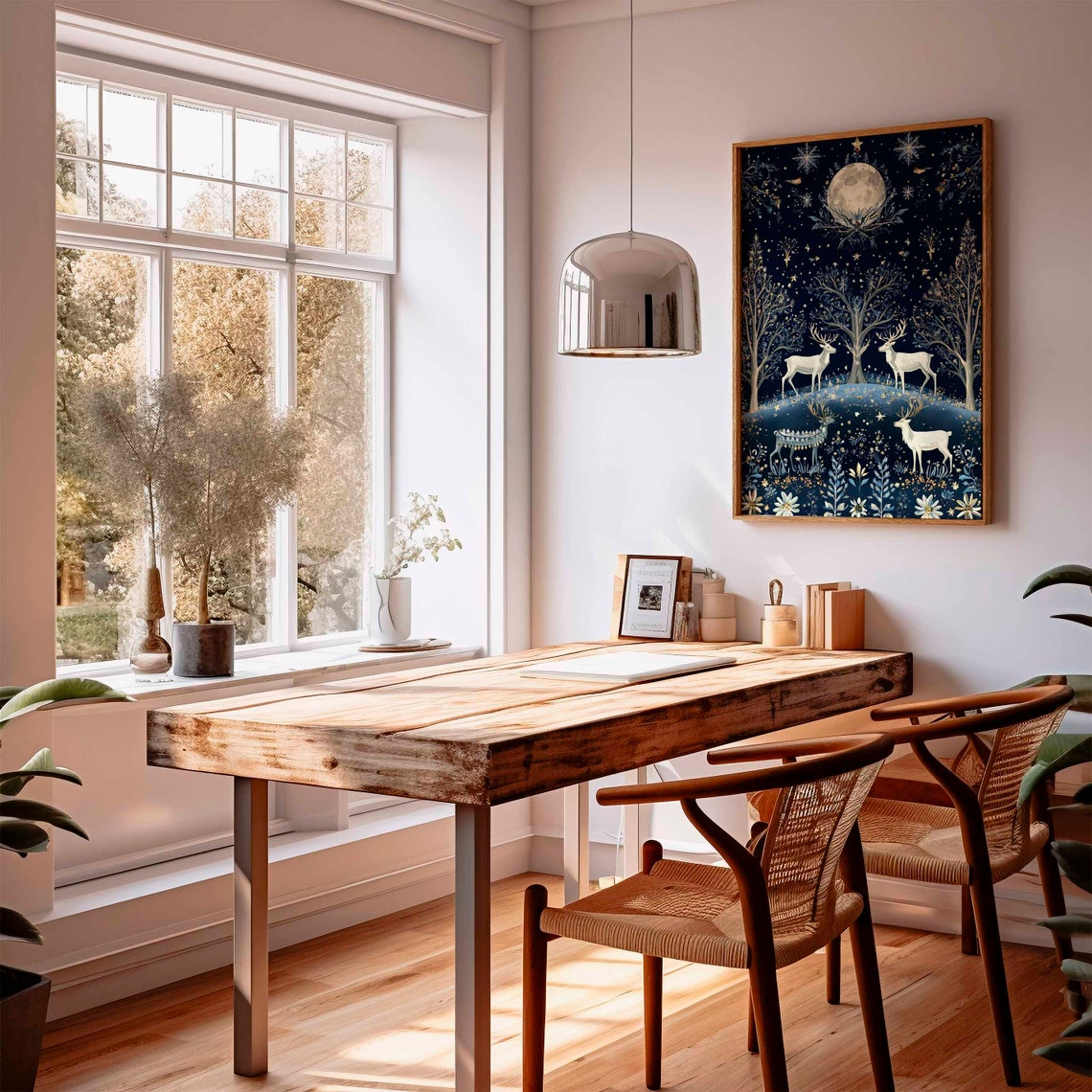 Full Moon Night With White Deer In Starry Winter Forest Poster - Image 2