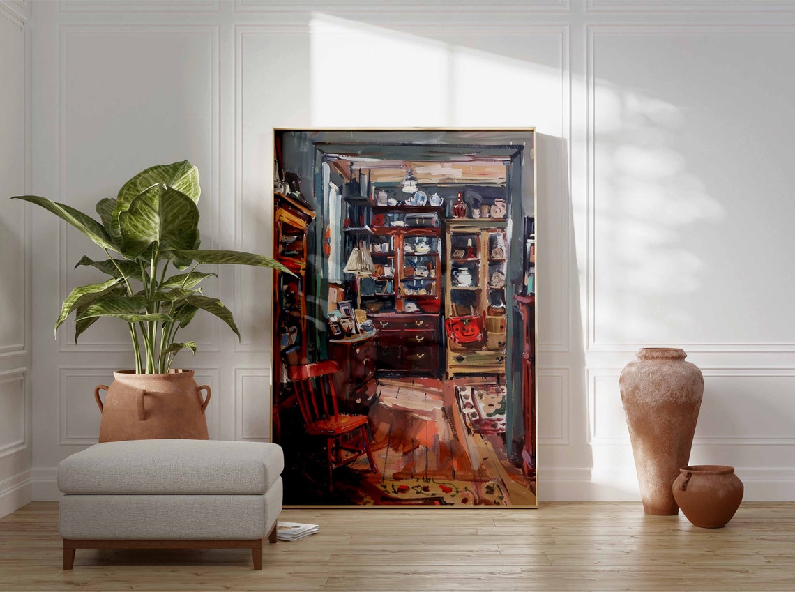 Vintage Study Interior Red Rocking Chair Shelves Lamp Light Print - Image 3