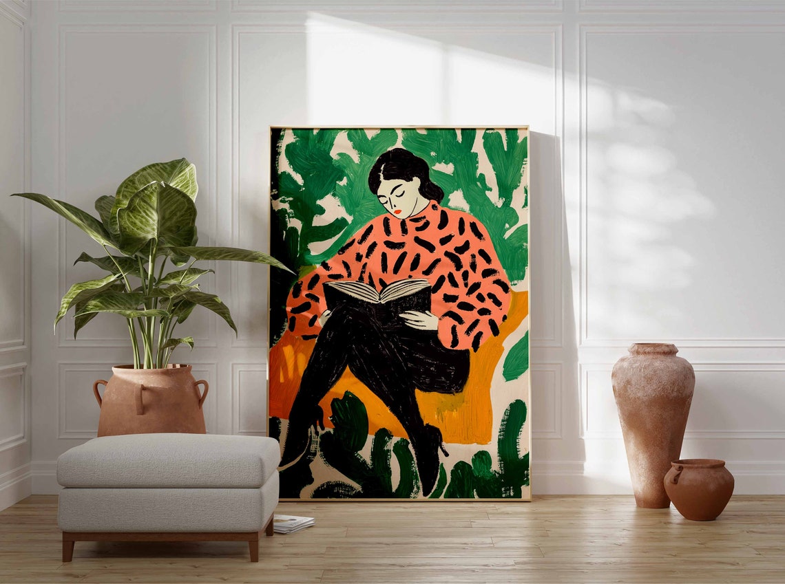 Woman Reading Book Coral Spotted Blouse Botanical Art Poster - Image 2