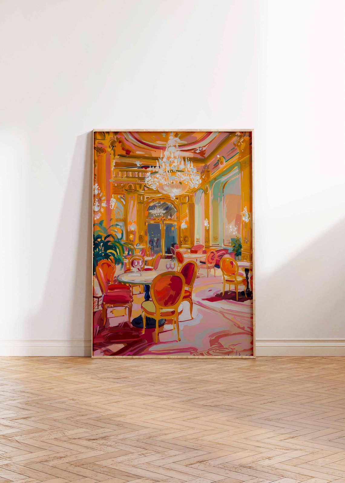 Golden Casino Bar Interior Chandelier Orange Toned Wall Poster - Image 2