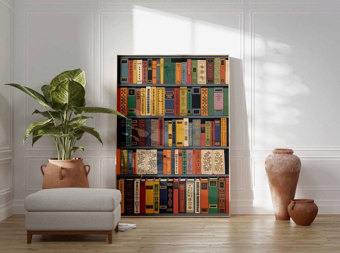 Vintage Bookshelf Poster with Illustrated Classic Book Spines Collection - Image 3