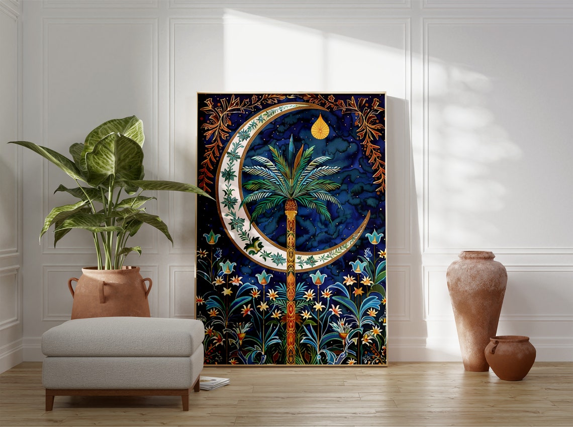 Crescent Moon Palm Night Sky Islamic Celestial Garden Poster - Image 3