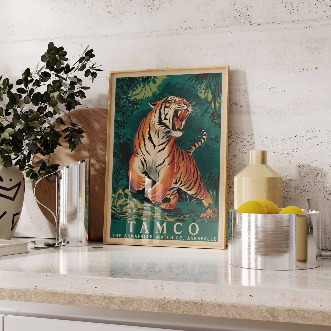 Tamco Tiger Roaring Jungle Vintage Indian Matchbox Art Poster - Image 2