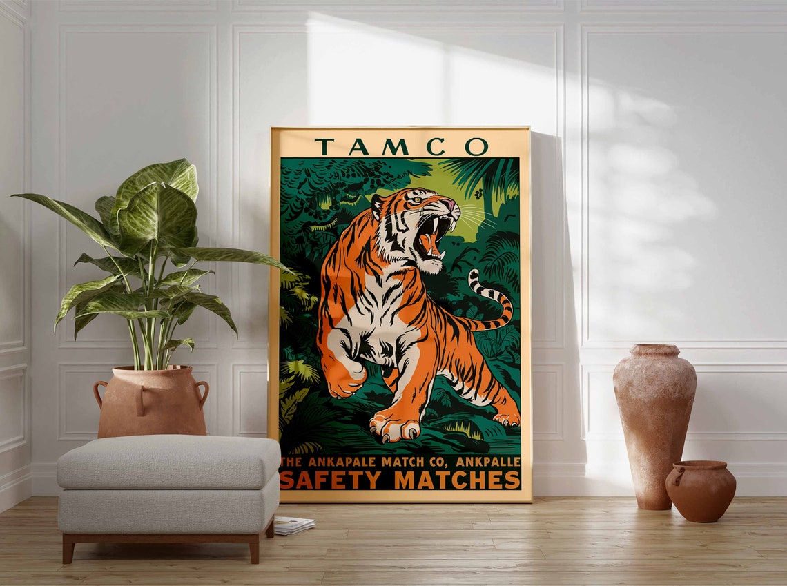 Vintage Tiger Print Indian Tiger Poster Tamco Matchbox Art Animal Print Animal Poster Animal Art Tropical Decor Jungle Art Tiger Art - Image 3
