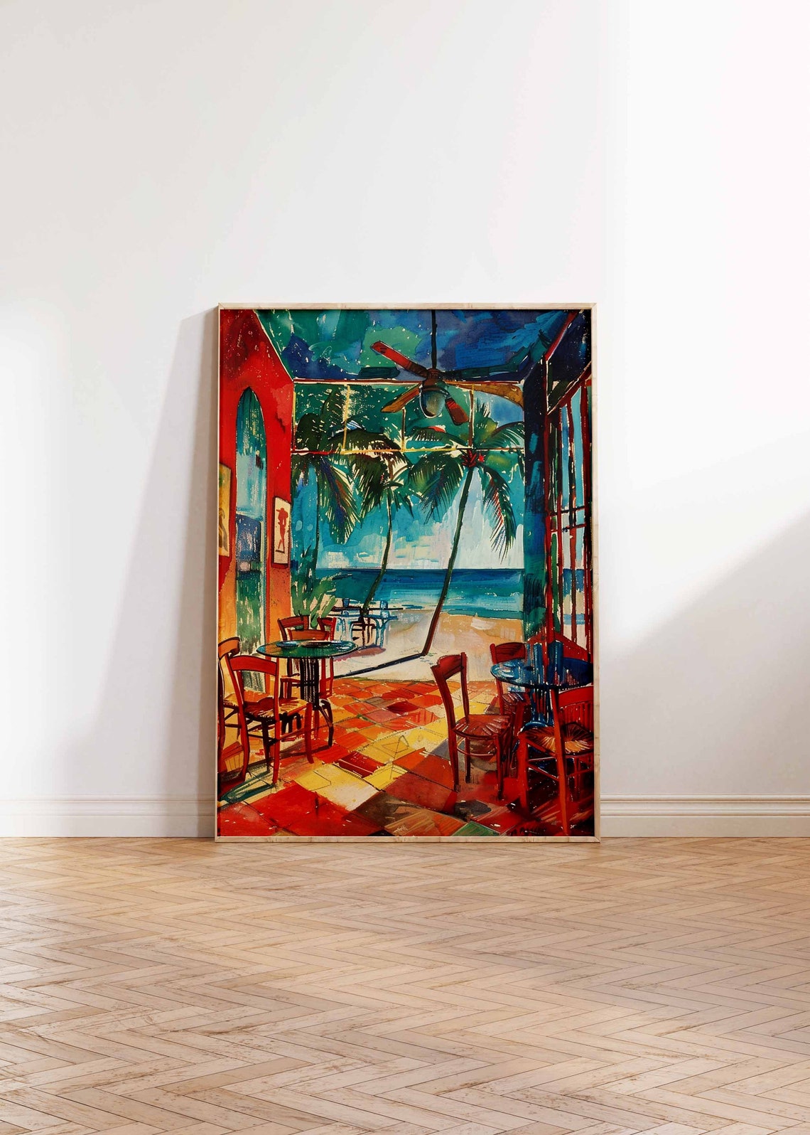 Red Tiled Beach Cafe Interior Ceiling Fan Palm Trees View Poster - Image 2