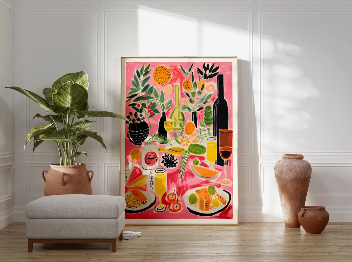 Pink Dinner Party Table Spread Painterly Wine Fruit Food Poster - Image 3