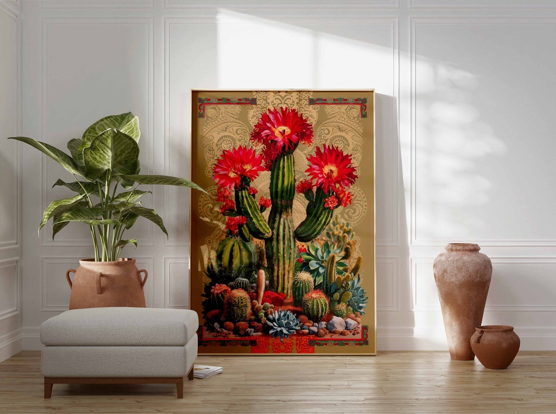 Red Flowering Cactus Over Gold Pattern Botanical Art Poster Gift - Image 2