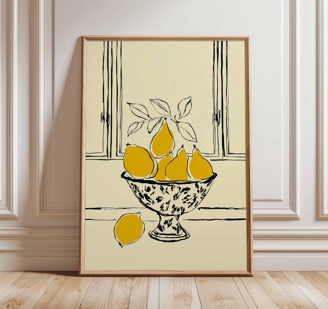 Lemon Bowl Minimalist Line Drawing Still Life Modern Kitchen Poster