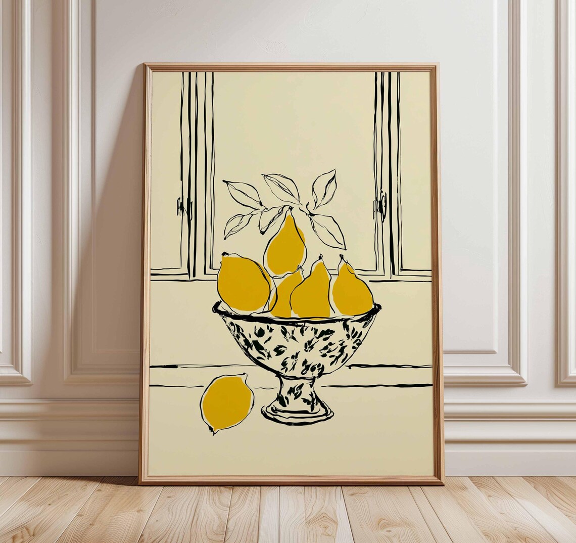 Lemon Still Life Print Minimalist Line Drawing Art Modern Kitchen Wall Decor Yellow Fruit Poster Scandinavian Home Artwork