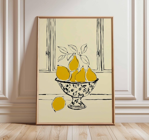 Lemon Bowl Minimalist Line Drawing Still Life Modern Kitchen Poster