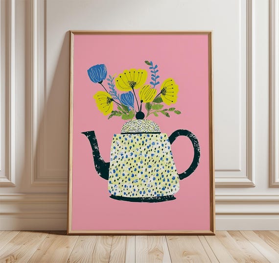 Floral Teapot Wall Art Modern Kitchen Print With Yellow Flowers Playful Pink Poster For Dining Room Or Cheerful Scandinavian Home Decor