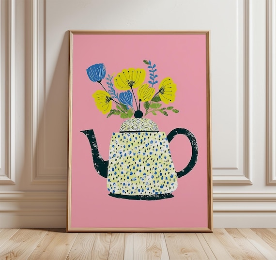 Polka Dot Teapot with Wildflowers Pink Scandinavian Kitchen Poster