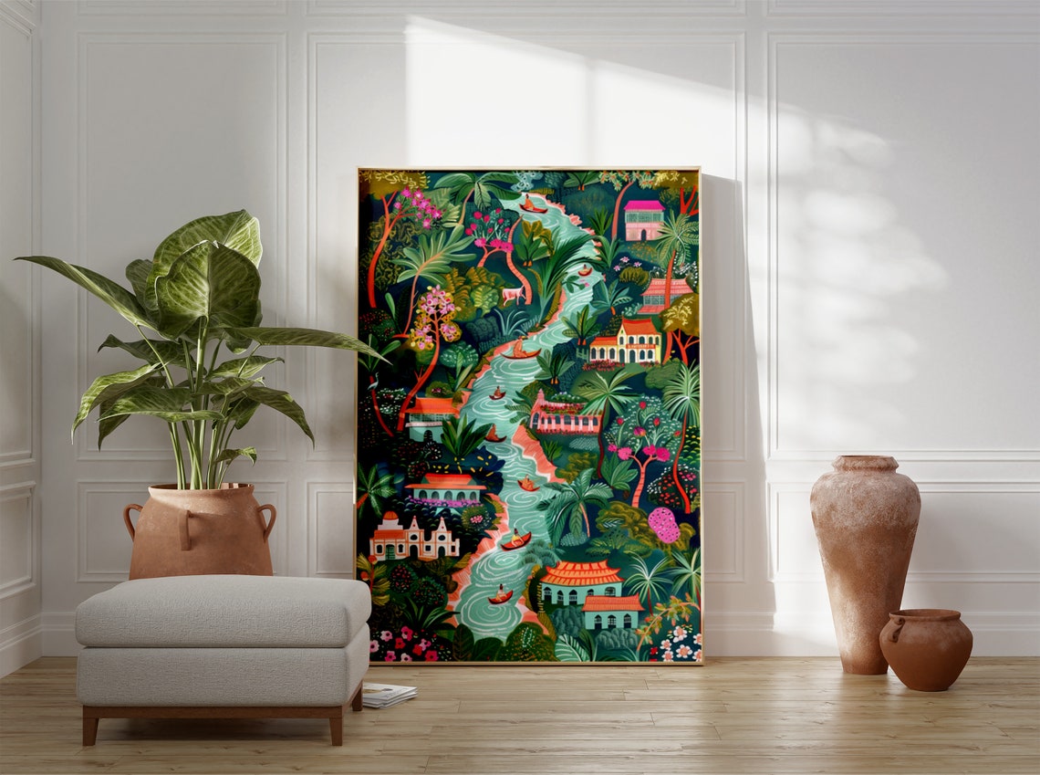Colorful Indian Folk Art Jungle River Palace Boat Scene Poster - Image 3