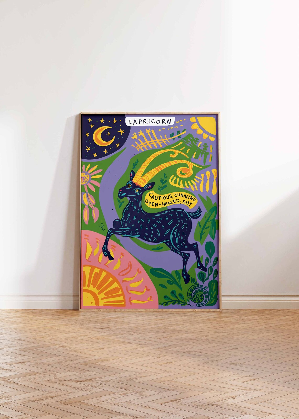 Capricorn Zodiac Goat Leaping Green Purple Celestial Star Sign Poster - Image 2