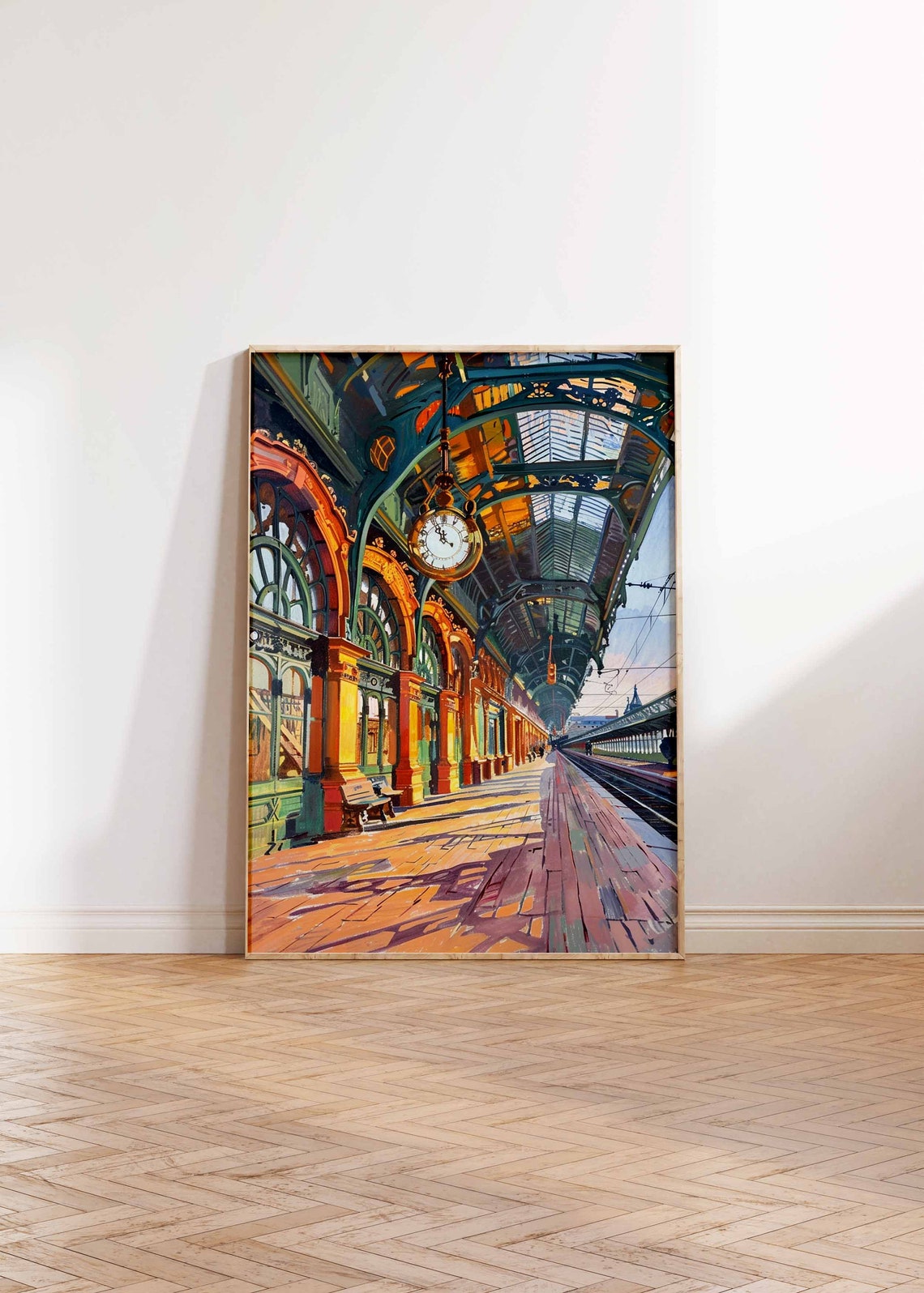 Sunlit Grand Railway Station Platform With Hanging Clock Poster - Image 2