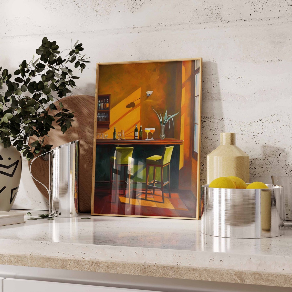 Sunlit Cocktail Bar With Green Stools Golden Hour Bar Scene Art Poster - Image 2