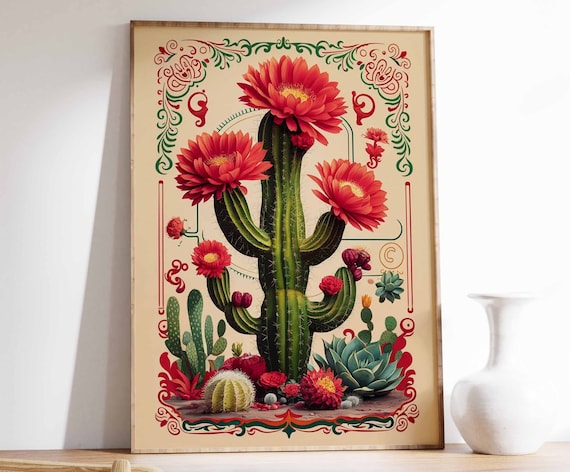 Vintage Mexican Cactus Poster, Traditional Decor Print