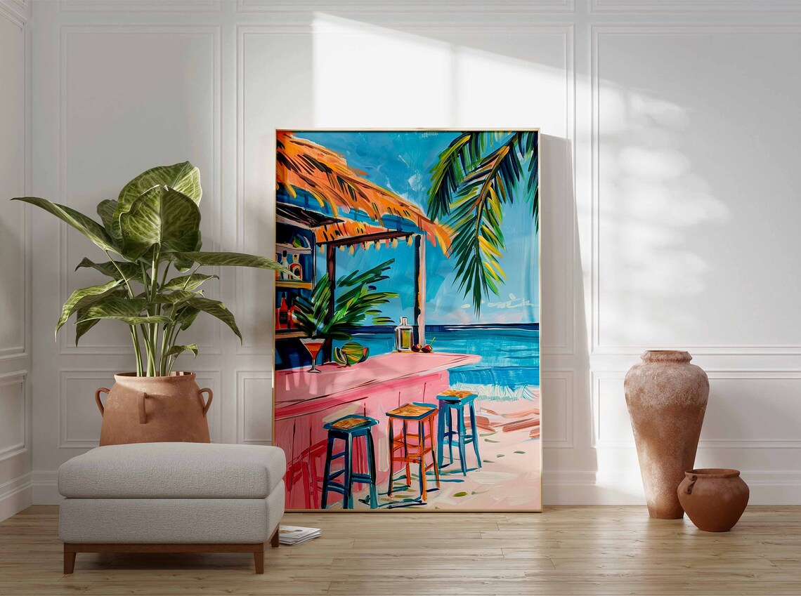Pink Beach Bar Thatched Roof Colorful Stools Turquoise Ocean Scene Poster - Image 3