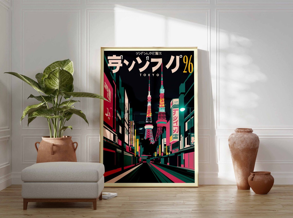 Tokyo Tower Neon Night Street Vibrant Retro Japanese City Poster - Image 3