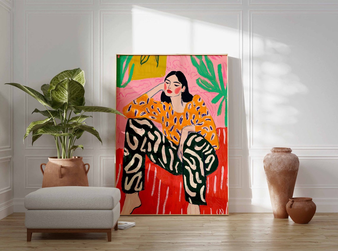 Dreamy Woman Portrait With Bold Patterns Colorful Botanical Poster - Image 2