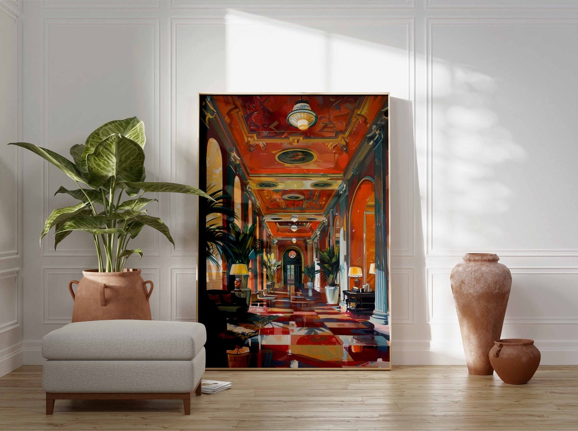 Luxury Hotel Grand Lobby Red Ceiling Opulent Interior Art Poster - Image 3