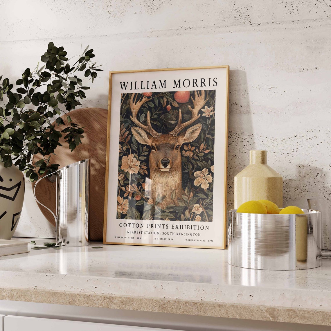 William Morris Stag Head with Antlers Dark Floral Exhibition Poster - Image 2