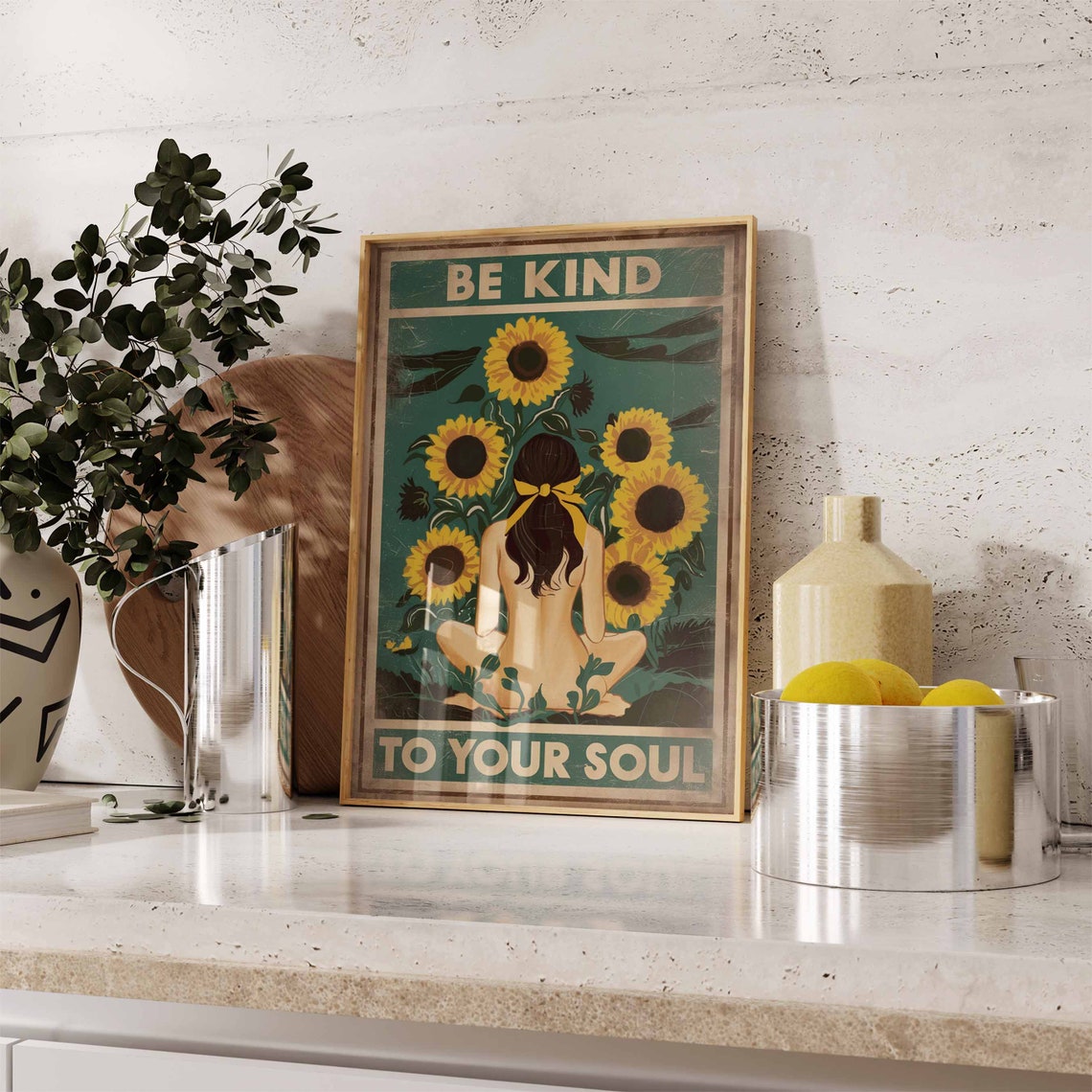 Be Kind To Your Soul Sunflower Meditation Vintage Boho Poster - Image 2