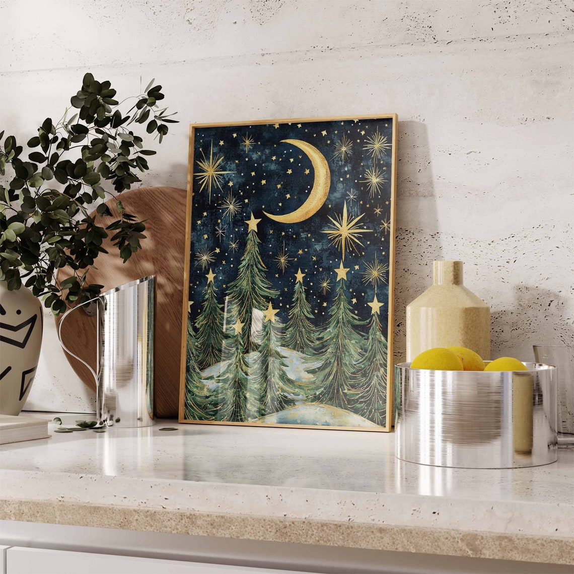 Christmas Winter Night Pine Trees Starry Sky Gold Moon Poster