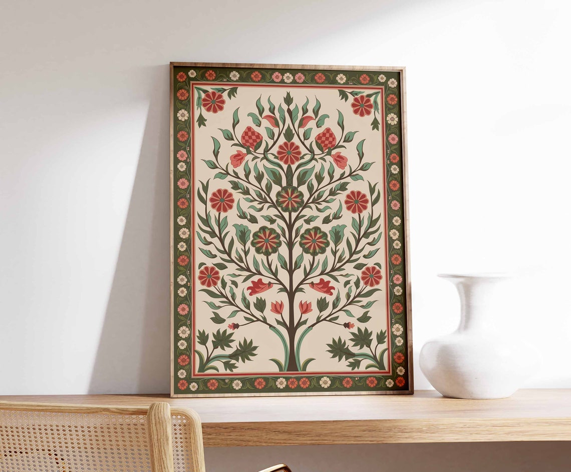 Red Floral Bloom Tree Indian Folk Botanical Vintage Leafy Art Poster - Image 3