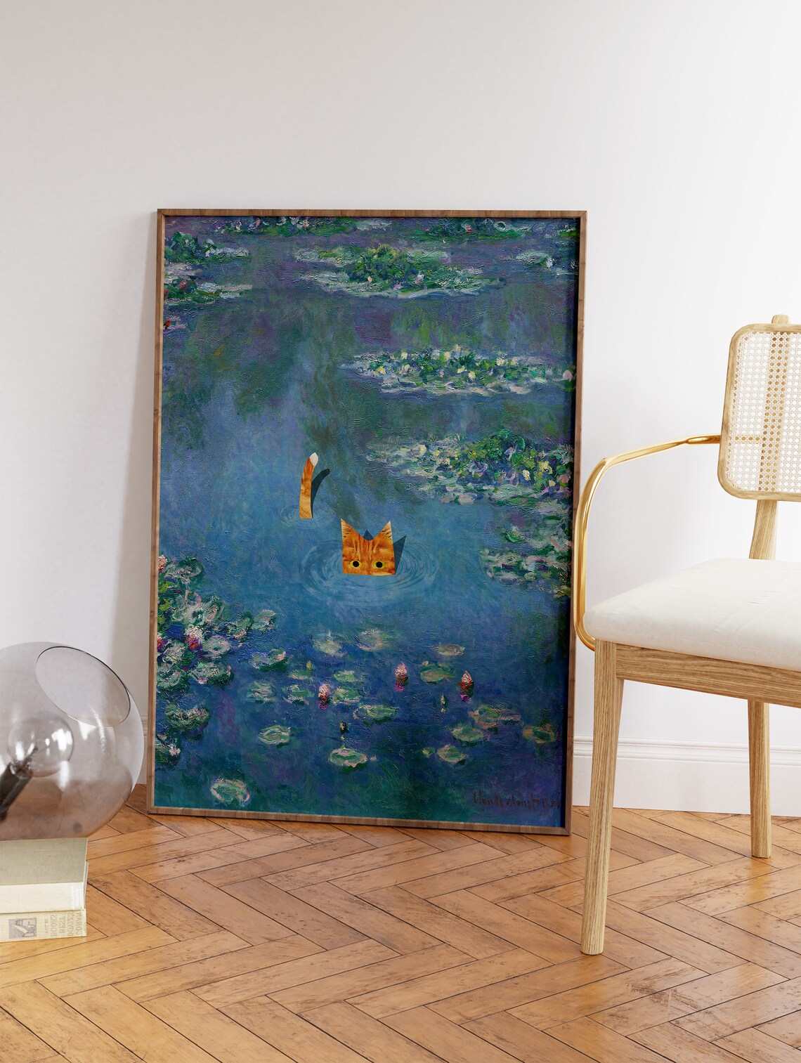 Funny Orange Cat Swimming in Monet Water Lilies Parody Art Poster - Image 3