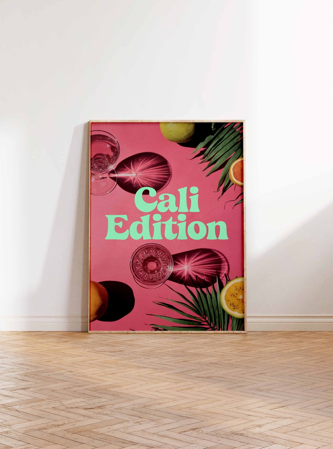 Cali Edition Retro Pink Cocktail Summer Citrus Palm Leaf Poster - Image 2