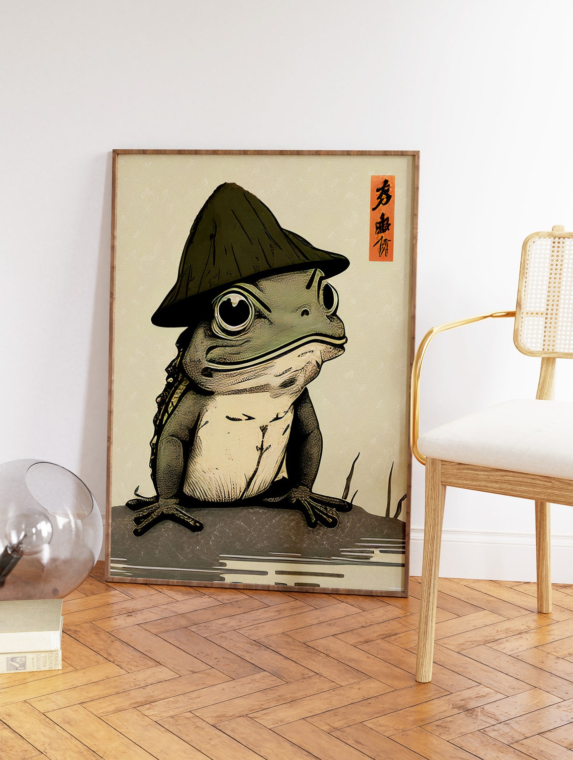 Vintage Japanese Frog Wearing Conical Hat Woodblock Art Poster - Image 2