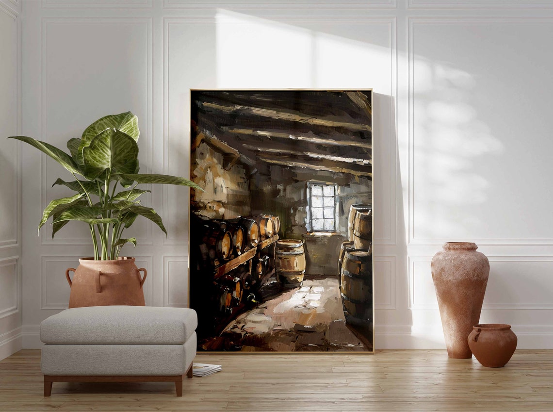 Rustic Wine Cellar Barrels Art Poster Moody Stone Interior Scene - Image 3