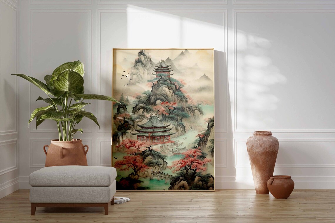 Chinese Vintage Art Print, Oriental Landscape - Image 2