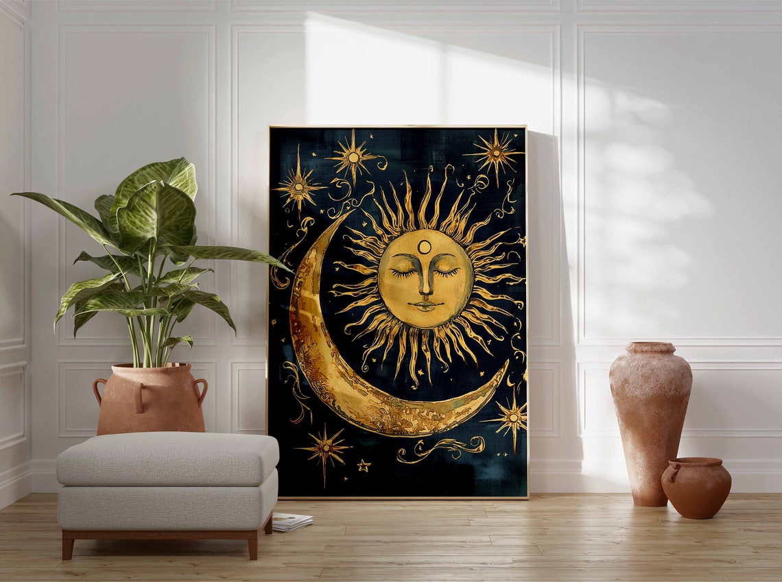 Gold Sun Face And Crescent Moon On Deep Navy Starfield Poster - Image 3