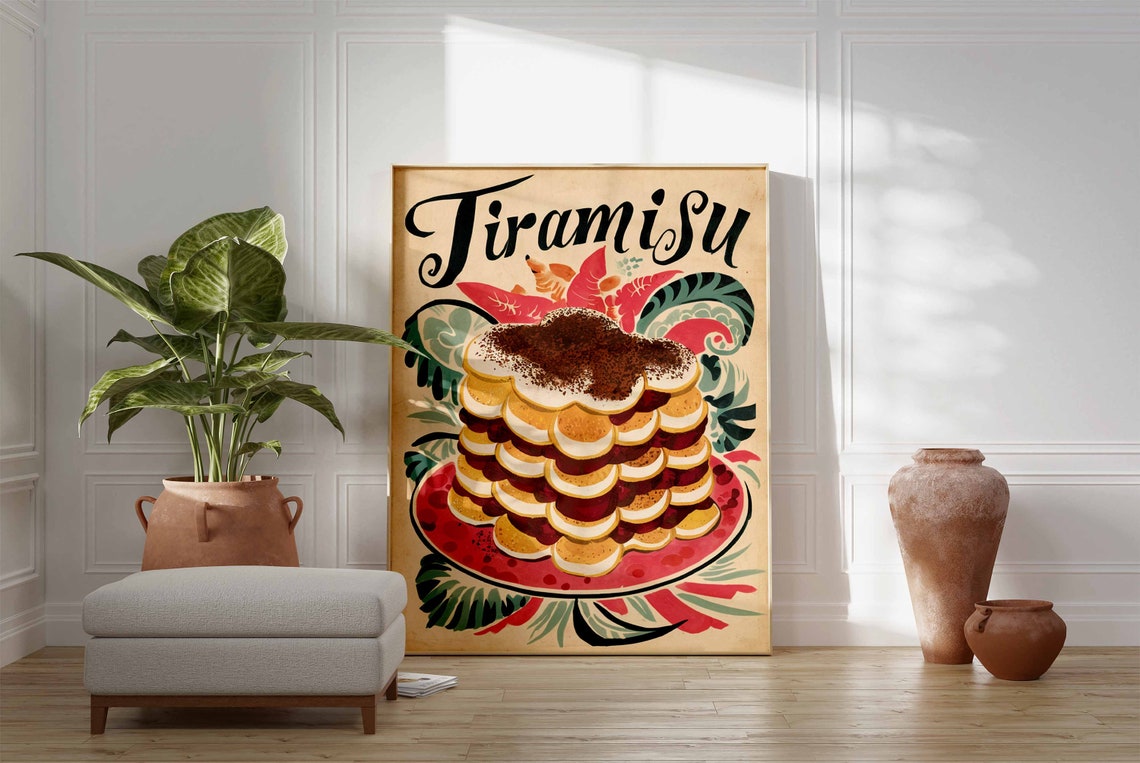 Tiramisu Layered Ladyfinger Cake Cocoa Tropical Floral Art Poster - Image 3