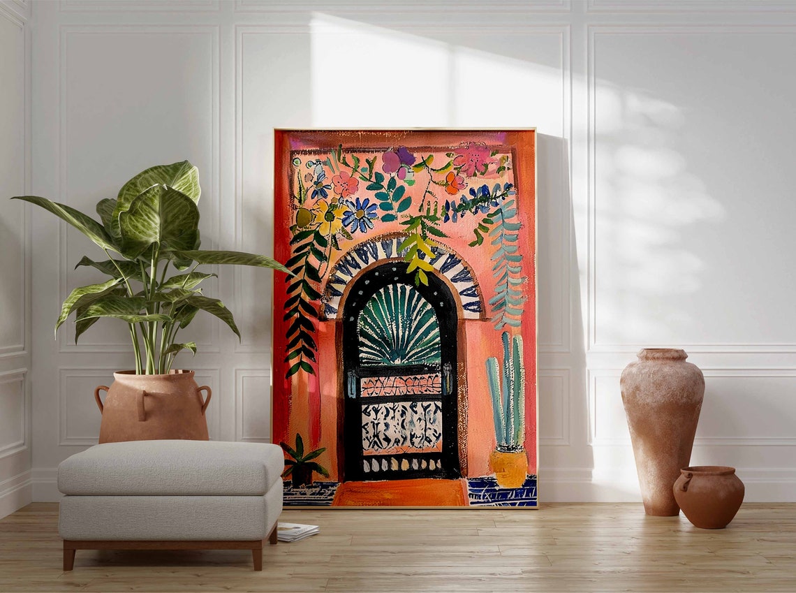 Terracotta Door Black Arch Floral Vines Cactus Pots Art Poster - Image 2