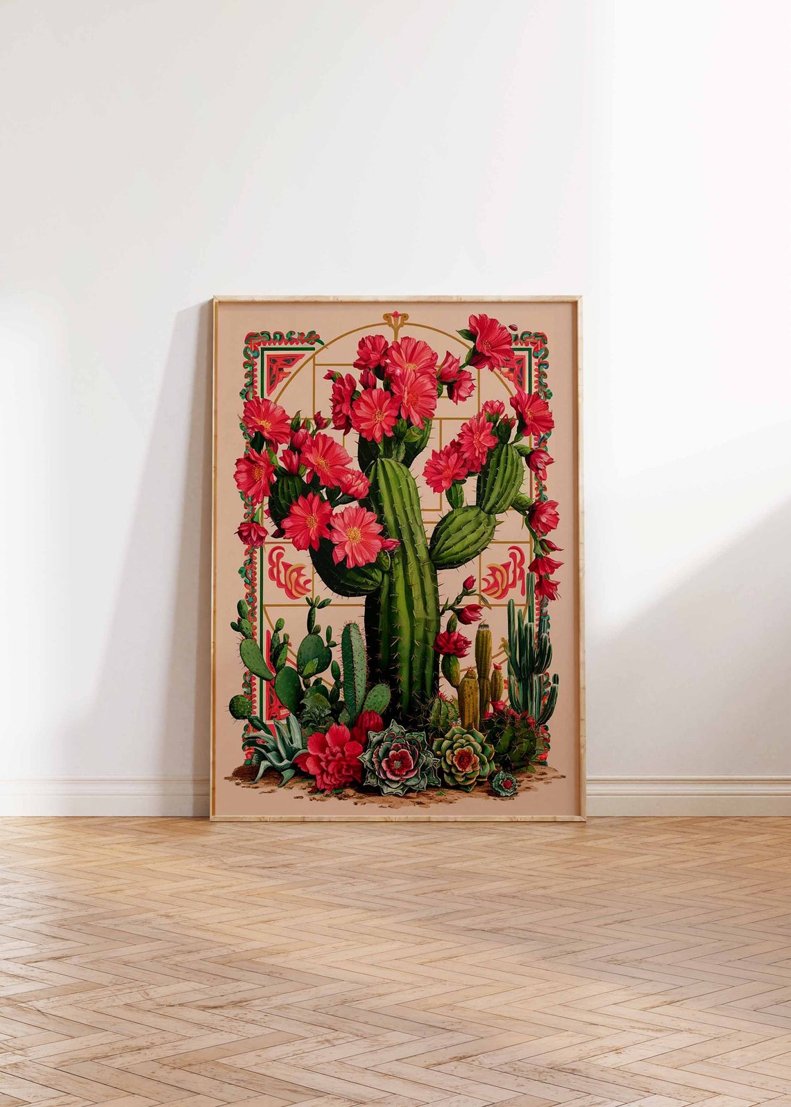 Tall Ribbed Cactus Red Pink Blooms Gold Arch Botanical Poster - Image 3